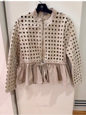 Gracia Eyelet Peplum Jacket Size Large – Beige, Cutout, Zip Front